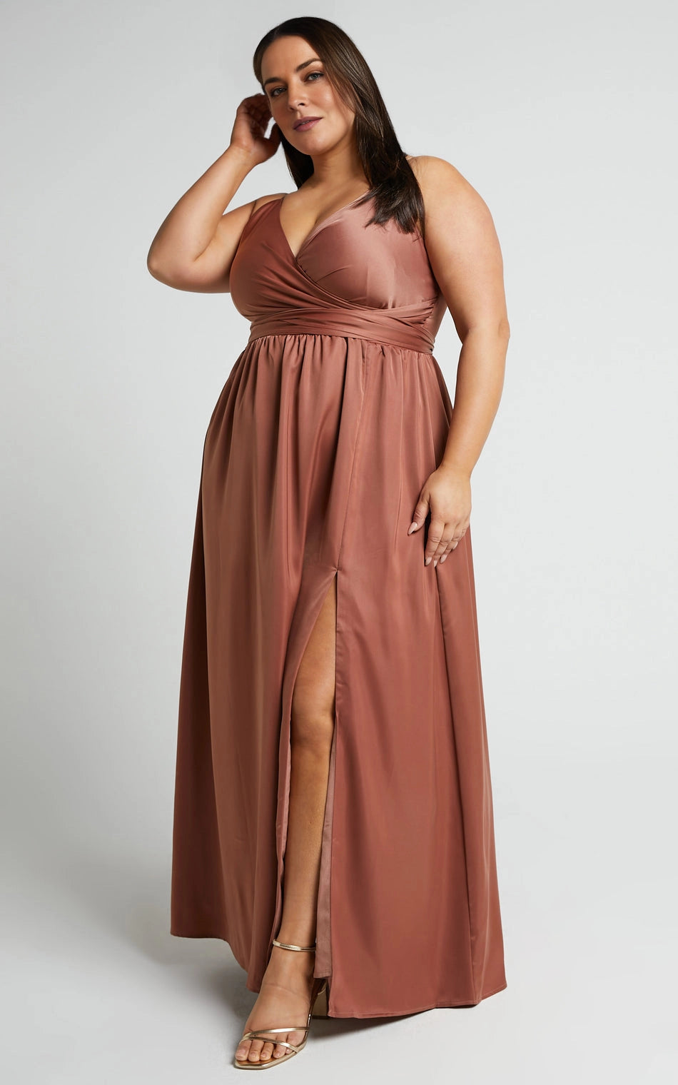 Satin Wrap V Neck Adjustable Strap Tie Back Maxi Plus Size Bridesmaid Dress