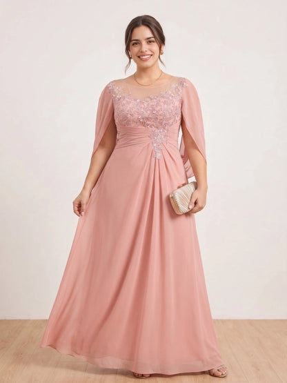 RoselleDress dusty rose plus size mother of the bride dress illusion neck cape sleeve floral lace applique chiffon long formal gown