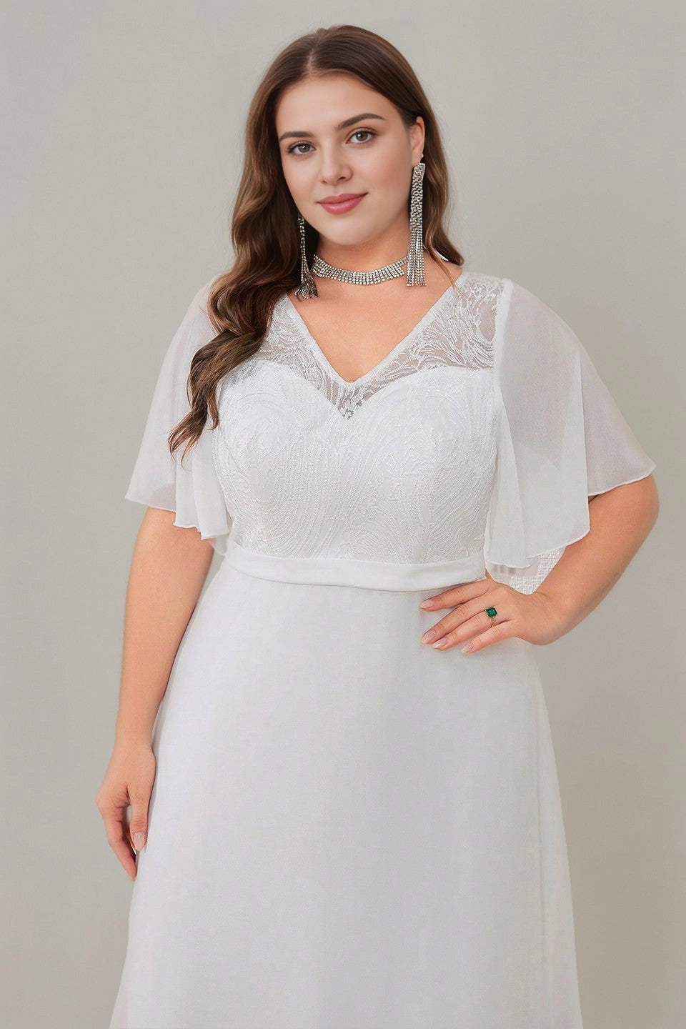 Plus Size White A Line V Neck Flutter Sleeve Lace Back Long Prom Dress