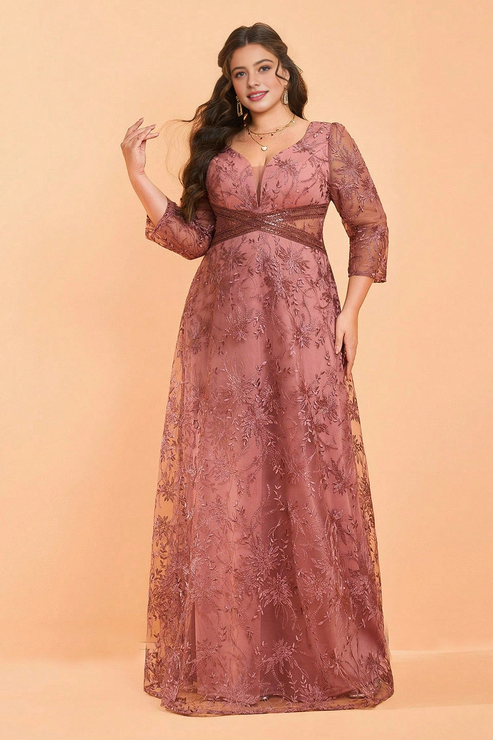 Soft A-Line Square 3/4-Sleeve V-Back Floor-Length Plus Size Mother Of Bride Dress