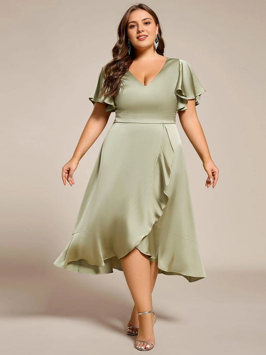 Roselledress sage green satin wrap flutter sleeve ruffle hem plus size midi dress front view