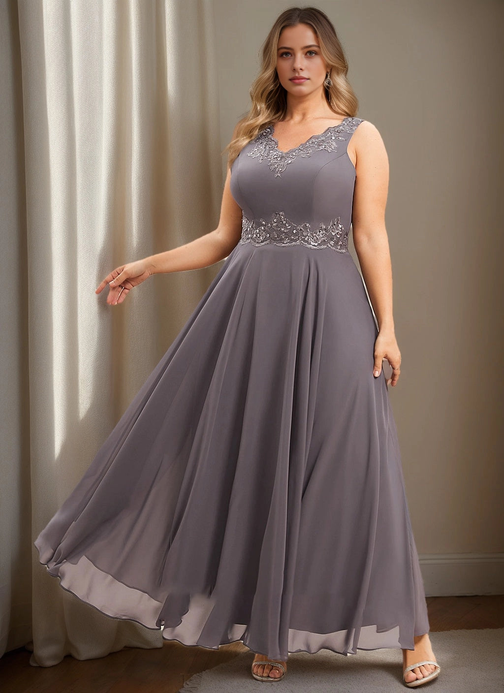 Roselledress Lace Beaded A-Line V Neck Jacket Set Zipper Back Floor Plus Size Mother Of Bride Dress