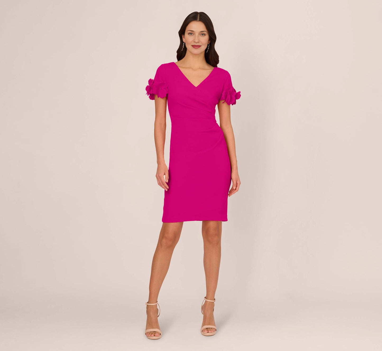 roselledress closed back fuchsia crepe sheath dress 3d flower short sleeve mother of the bride formal wear back view