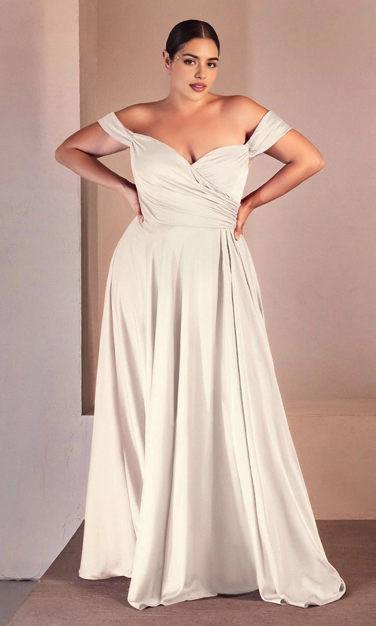 dress ivory plus size a-line off shoulder wrap wedding gown stretch fabric for curvy brides