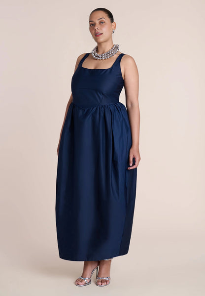 Mustard Cotton Plus Size A‑Line Square Neck Sleeveless Back Slit Midi Wedding Guest Dress