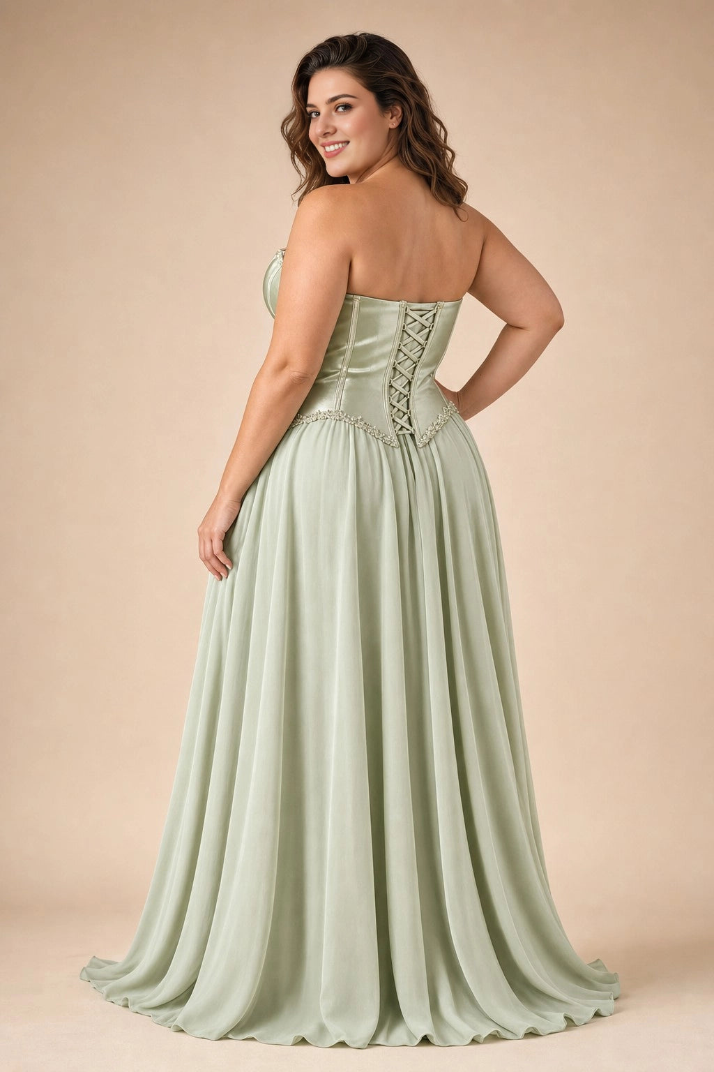 A-Line Strapless Corset Lace Up Back Chiffon Plus Size Bridesmaid Dress