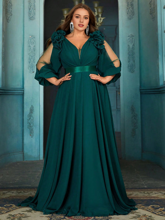 Roselledress plus size emerald green chiffon prom dress v neck floral shoulder split sleeve satin waist sash floor length front view
