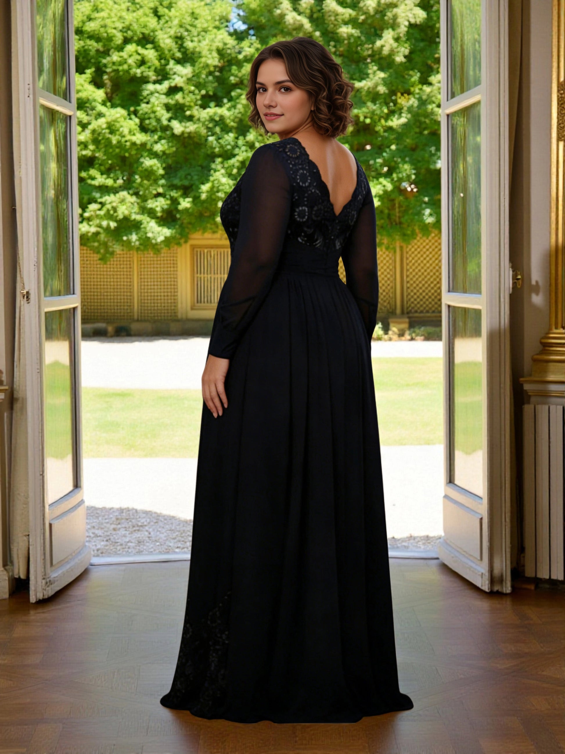 Roselledress modest chiffon formal gown deep v‑back lace trim floor length plus size wedding guest dress back view