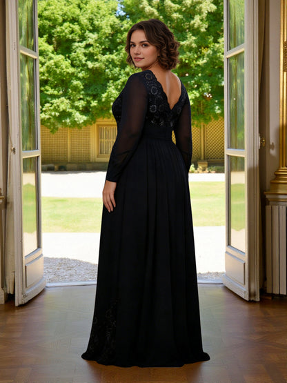 Roselledress modest chiffon formal gown deep v‑back lace trim floor length plus size wedding guest dress back view