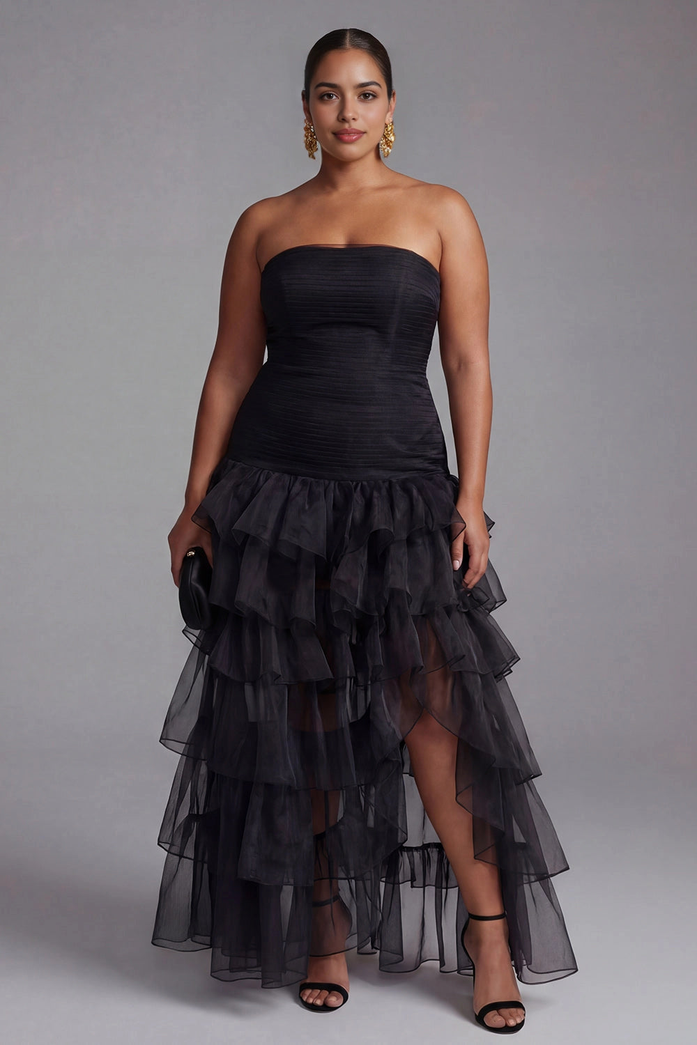 dress black plus size strapless ruched tiered tulle hi-lo prom gown for curvy women cocktail party