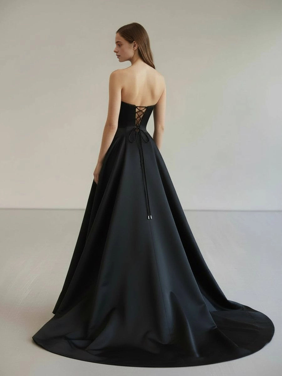 back view Roselledress black satin corset lace up bare back formal a-line long gown