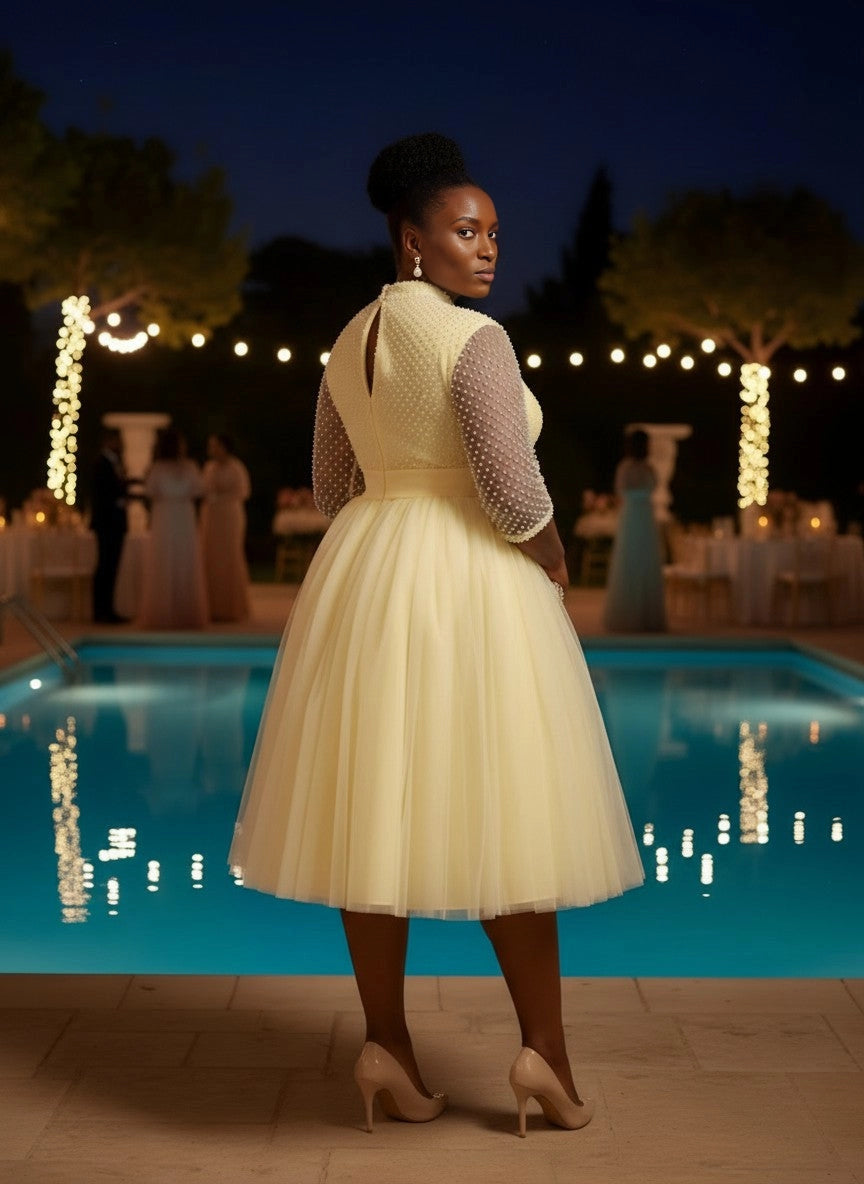 roselledress keyhole back champagne tulle knee‑length curvy cocktail gown rear view