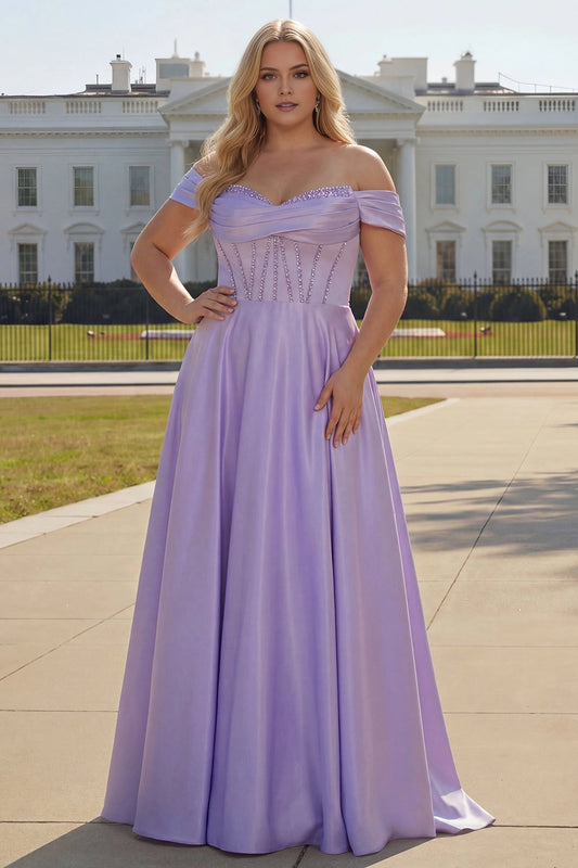 Roselledress lavender plus size off shoulder long prom dress rhinestone corset satin a-line evening gown