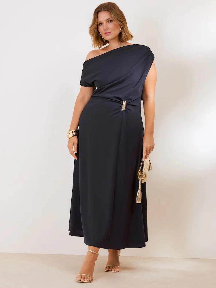 Elegant A-Line One-Shoulder Draped Closed Back Midi Plus Size Wedding Guest Dress
