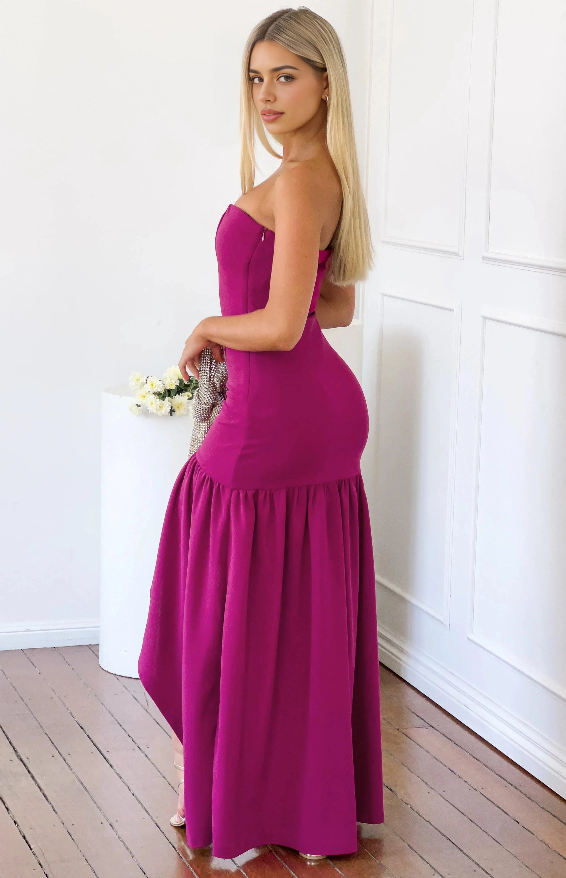 RoselleDress plain open back magenta strapless knit maxi gown side zipper back view
