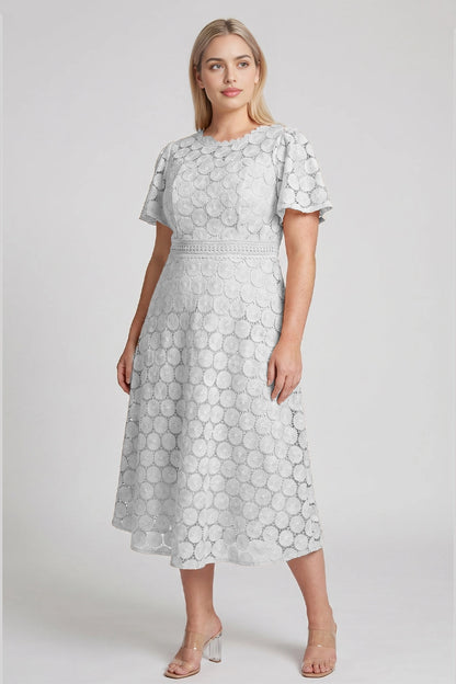 Light Blue Plus Size A-Line Round Neck Short Sleeve Solid Back Midi Prom Dress