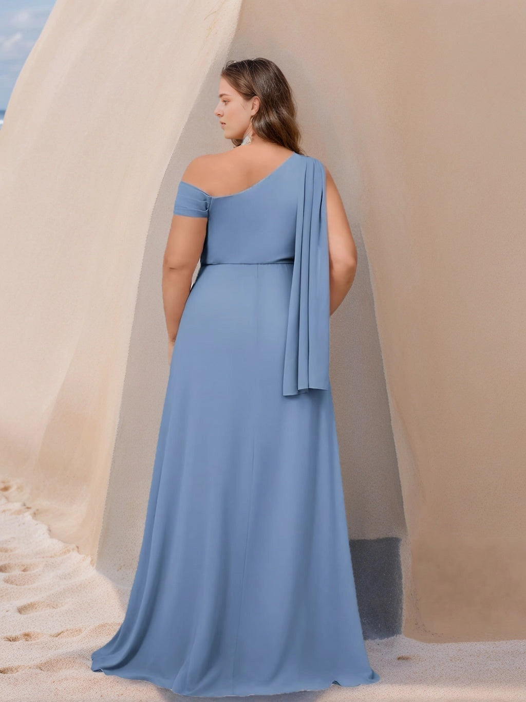 Back view of RoselleDress blue asymmetric off shoulder plus size formal dress solid plain back chiffon long bridesmaid gown with side drape