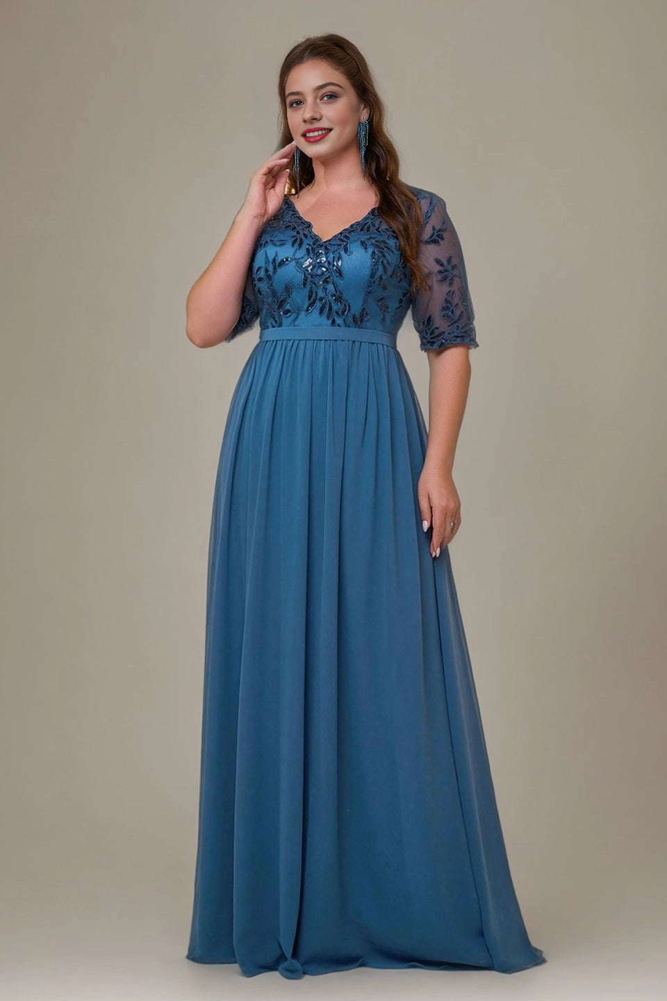 Flowy A-Line V-Neck Mid-Sleeve V-Back Floor-Length plus size Mother Of Bride Dress