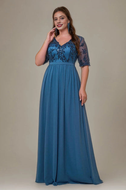 Flowy A-Line V-Neck Mid-Sleeve V-Back Floor-Length plus size Mother Of Bride Dress