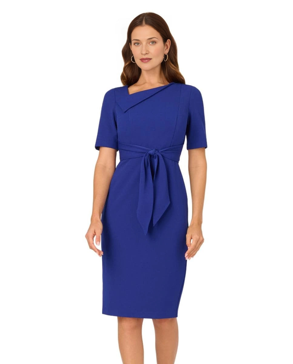 roselledress closed back royal blue crepe sheath dress waist tie back slit mother of the bride formal wear back view