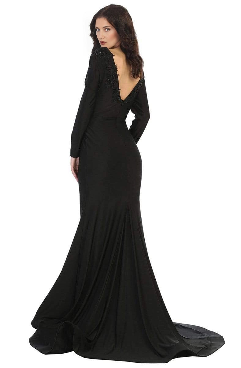 roselledress open back black stretch mermaid prom dress long sleeve lace applique train back view