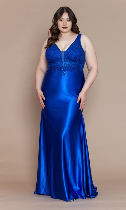 Elegant Mermaid V-Neck Spaghetti Strap Lace Corset Back Sweep Train Plus Size Prom Dress