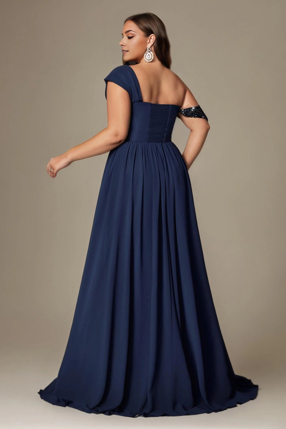 dress plus size navy chiffon formal dress straight smocked back asymmetric sleeve evening gown