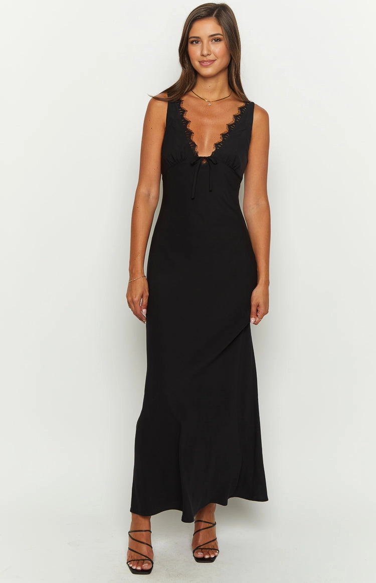 Black Slip Mermaid Lace V Neck Spaghetti Strap Open Back Long Prom Dress