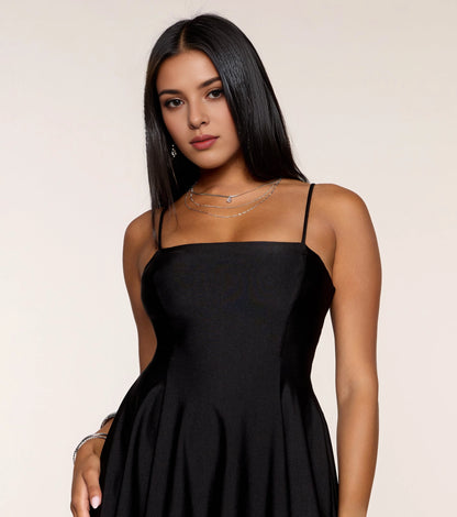Black A-Line Square Spaghetti Strap Closed Back Mini Homecoming Dress