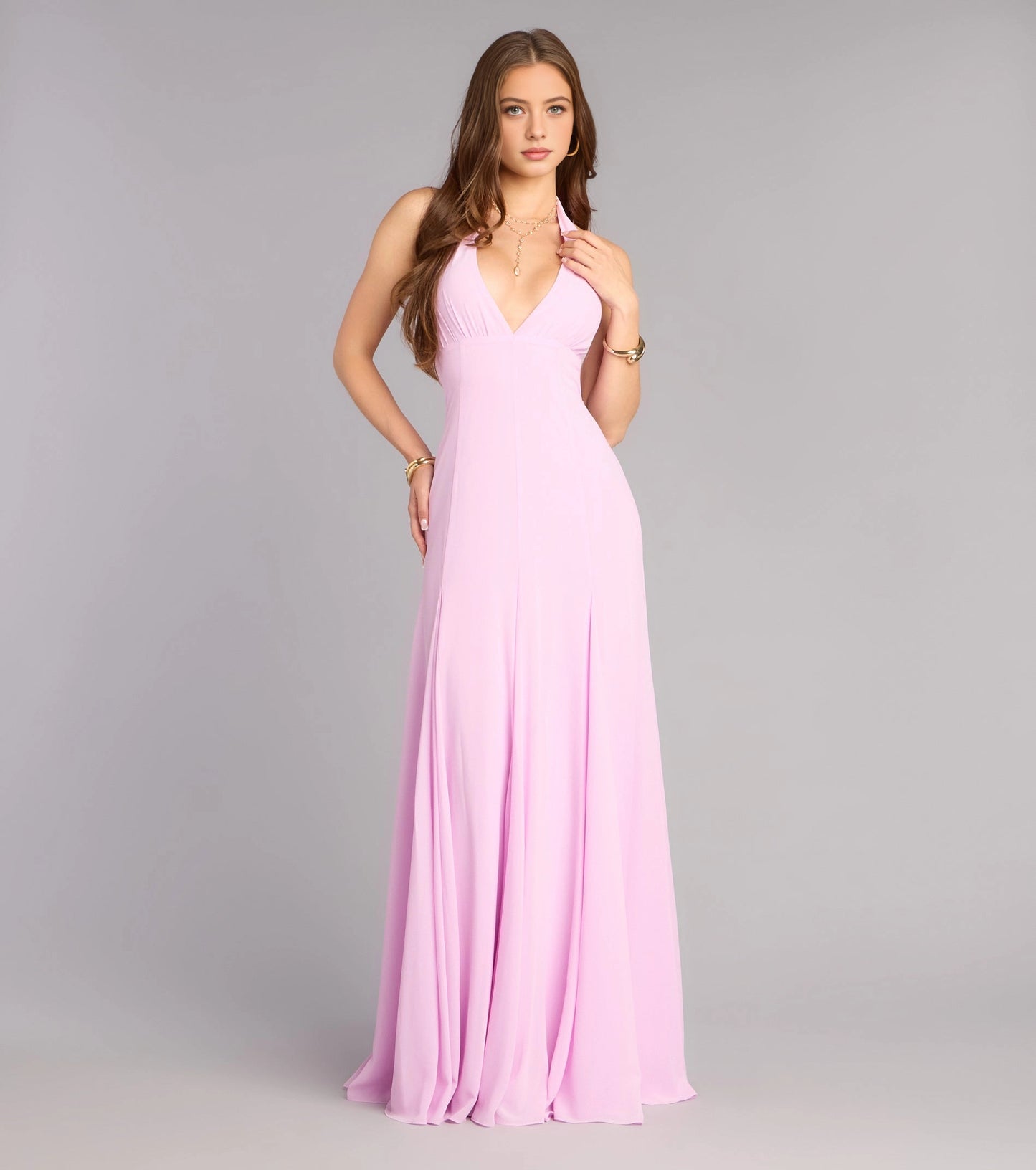 RoselleDress blush pink chiffon a line bridesmaid dress halter deep v gathered bust grey studio shot