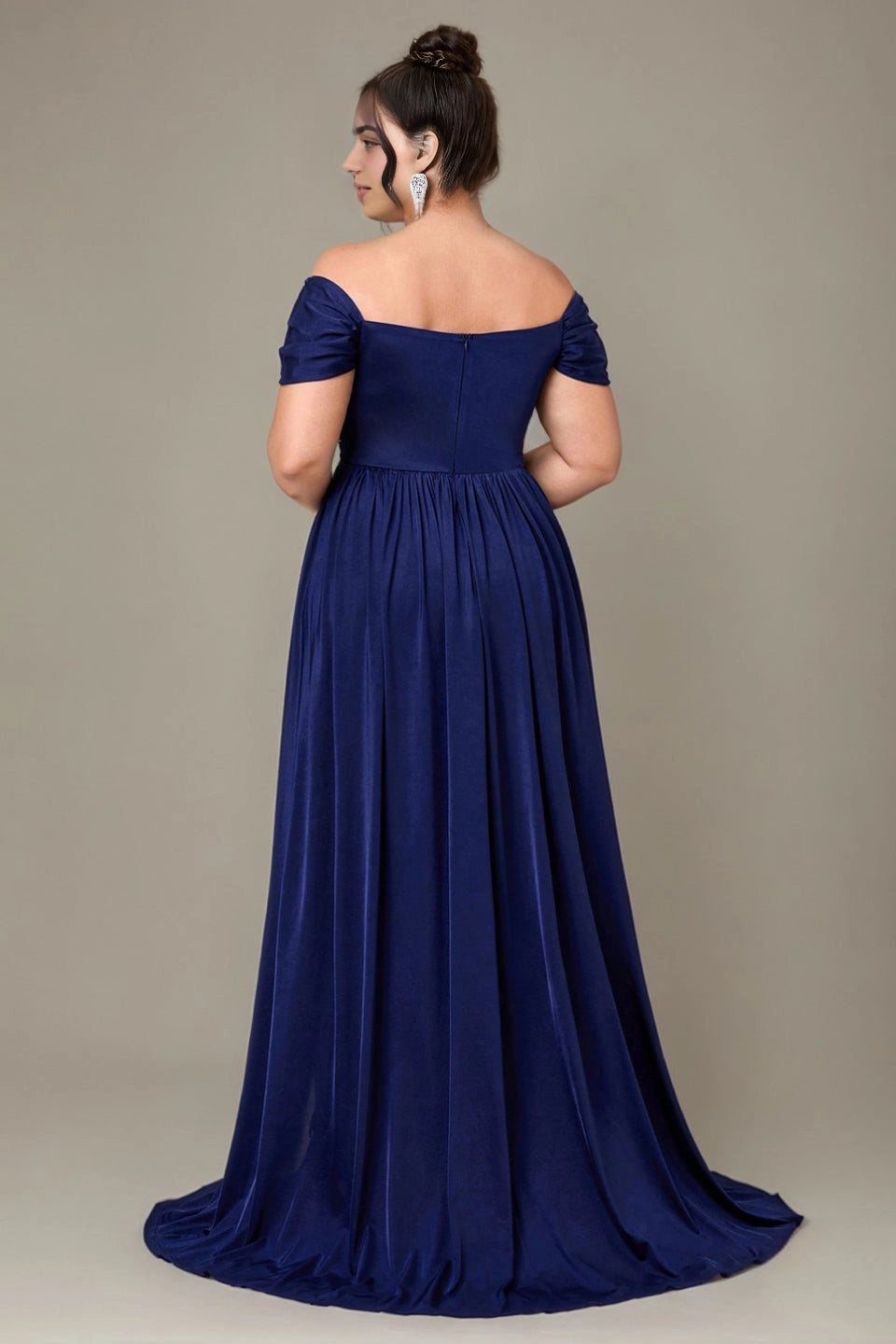 Back view Vedress navy plus size off shoulder a-line prom dress stretch formal gown