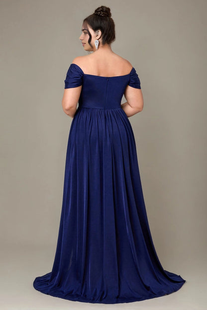 Back view Vedress navy plus size off shoulder a-line prom dress stretch formal gown