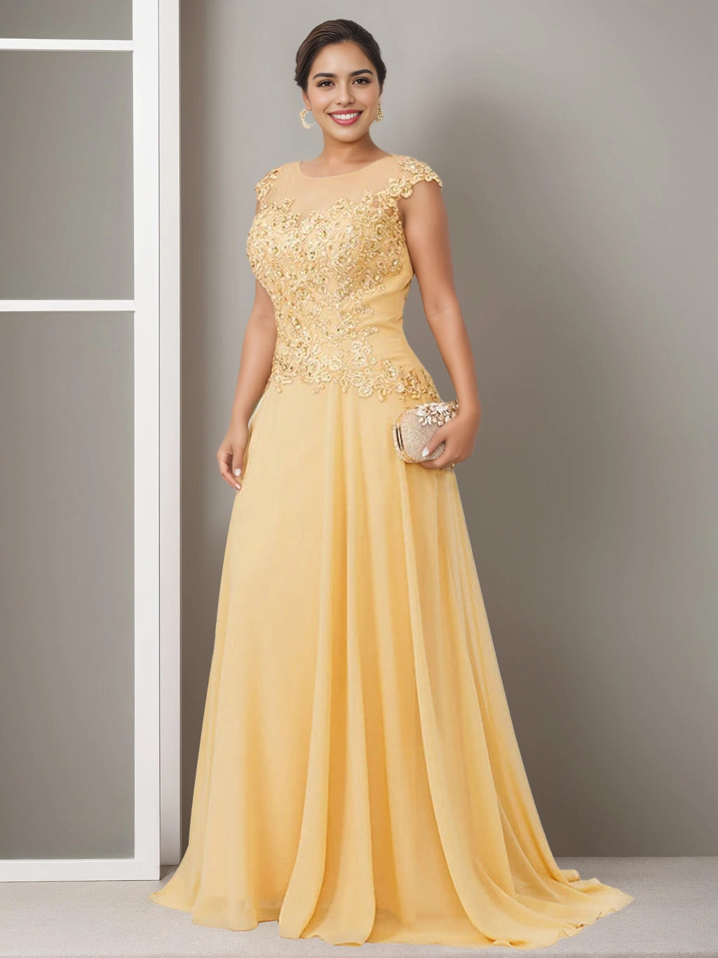 RoselleDress golden yellow plus size mother of the bride dress illusion neck cap sleeve lace applique chiffon formal evening gown