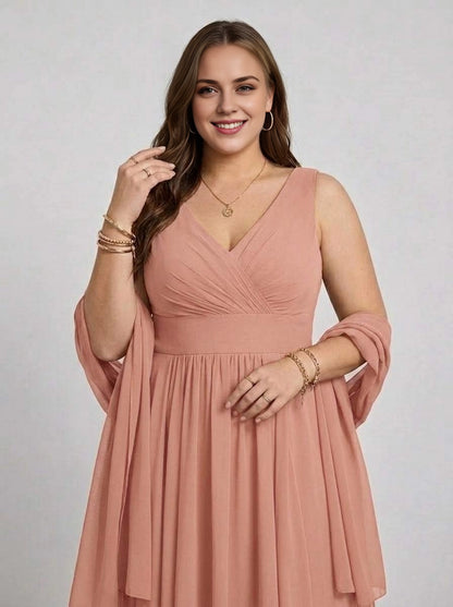 Elegant A-Line V-Neck Sleeveless V-Back Hi-Low Chiffon Plus Size Bridesmaid Dress With Shawl