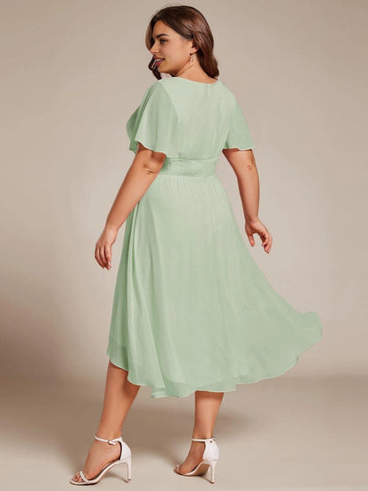 Roselledress Burgundy Round Neck Flutter Sleeve Zip Back High-Low Midi Plus Size Weeding Guest Dress
