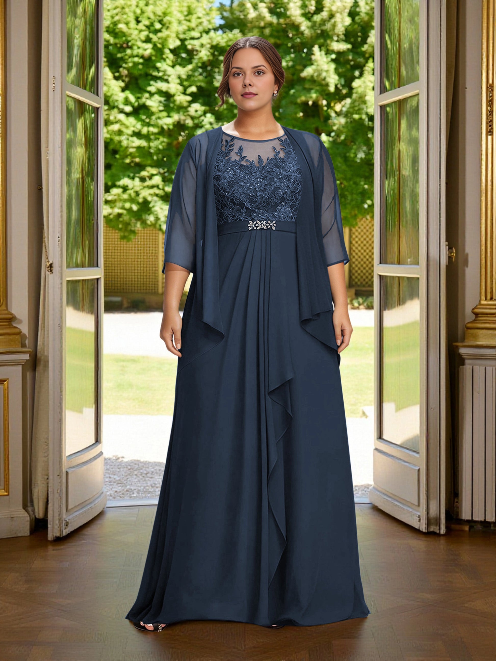 Roselledress navy plus size mother of bride dress illusion neck sleeveless lace chiffon with 3/4 sleeve jacket front view