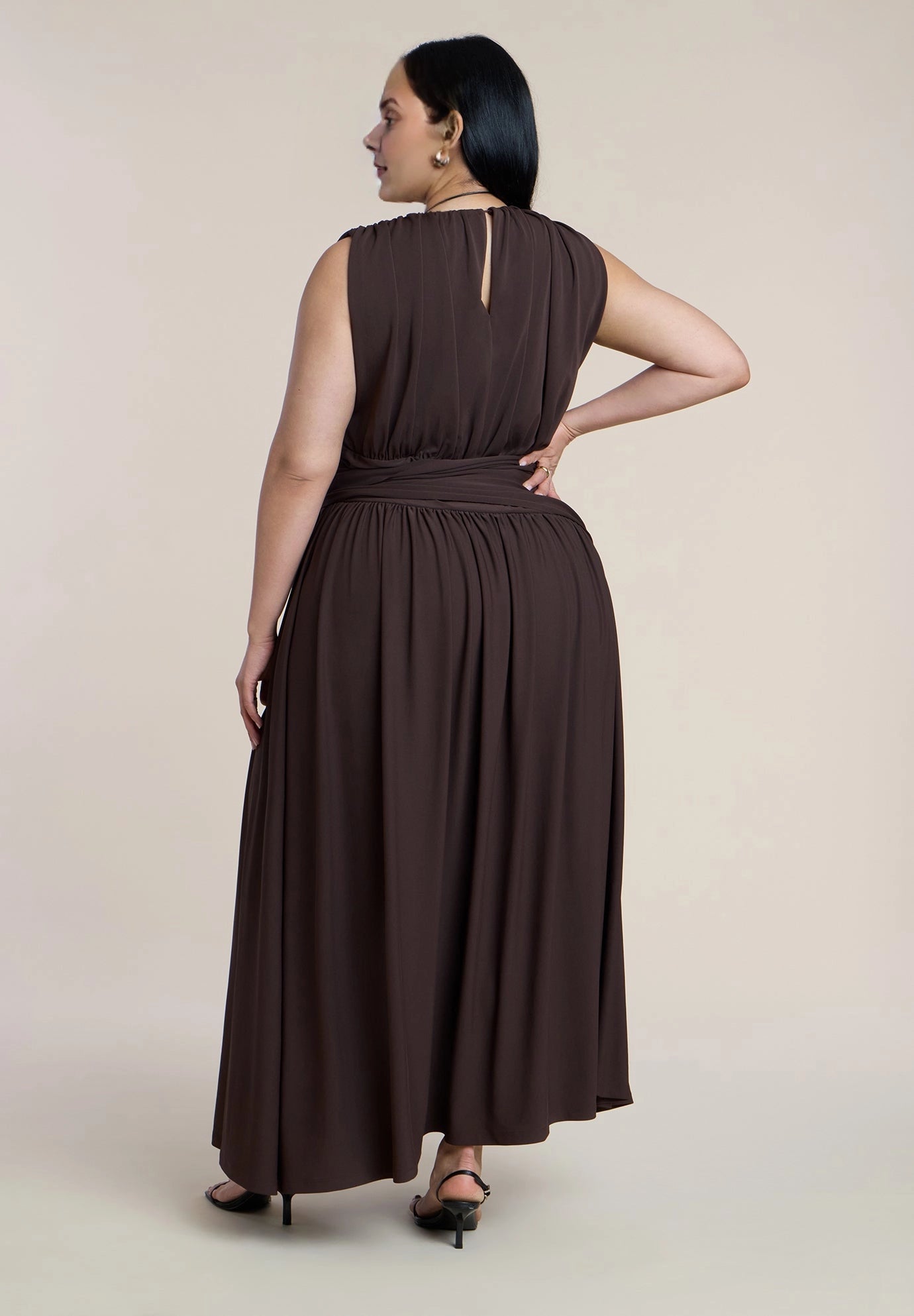 Red Plus Size Jersey A‑Line Round Neck Sleeveless Tie Waist Maxi Wedding Guest Dress