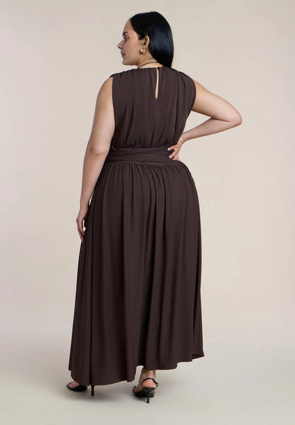 Red Plus Size Jersey A‑Line Round Neck Sleeveless Tie Waist Maxi Wedding Guest Dress