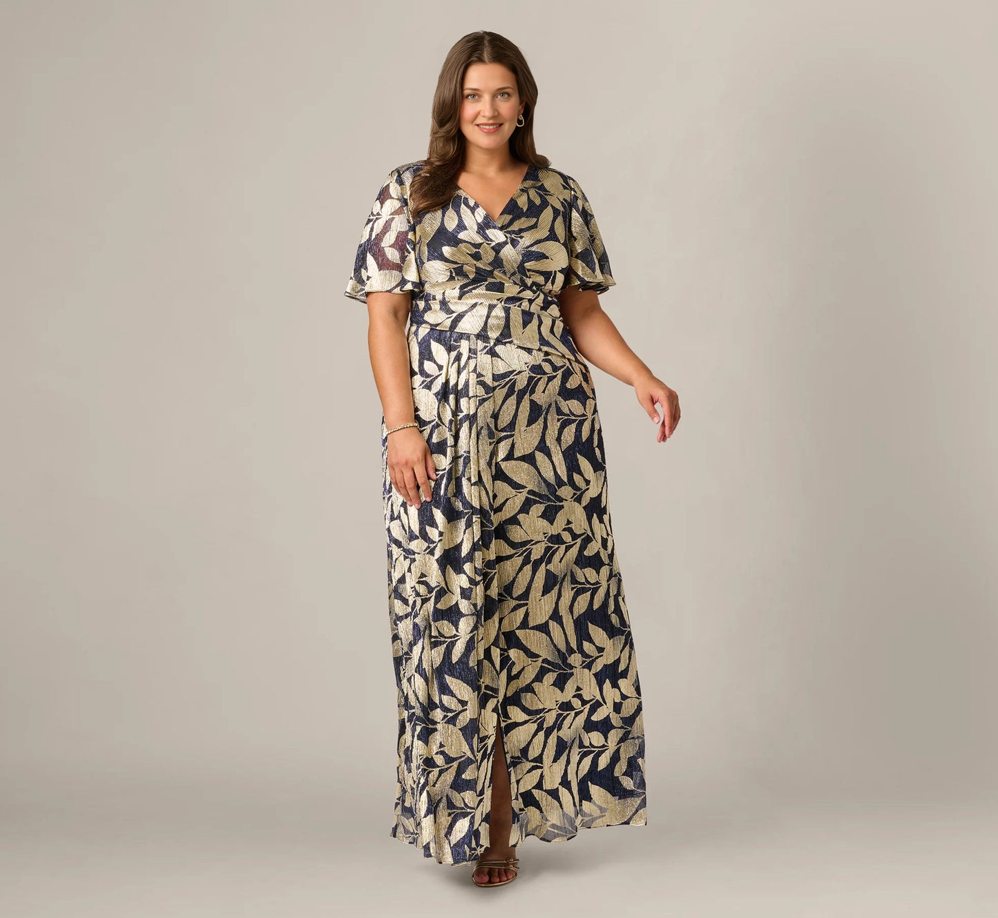 roselledress navy gold leaf foil print plus size wrap mother of the bride dresses front view v neck flutter sleeve floor length chiffon maxi gown