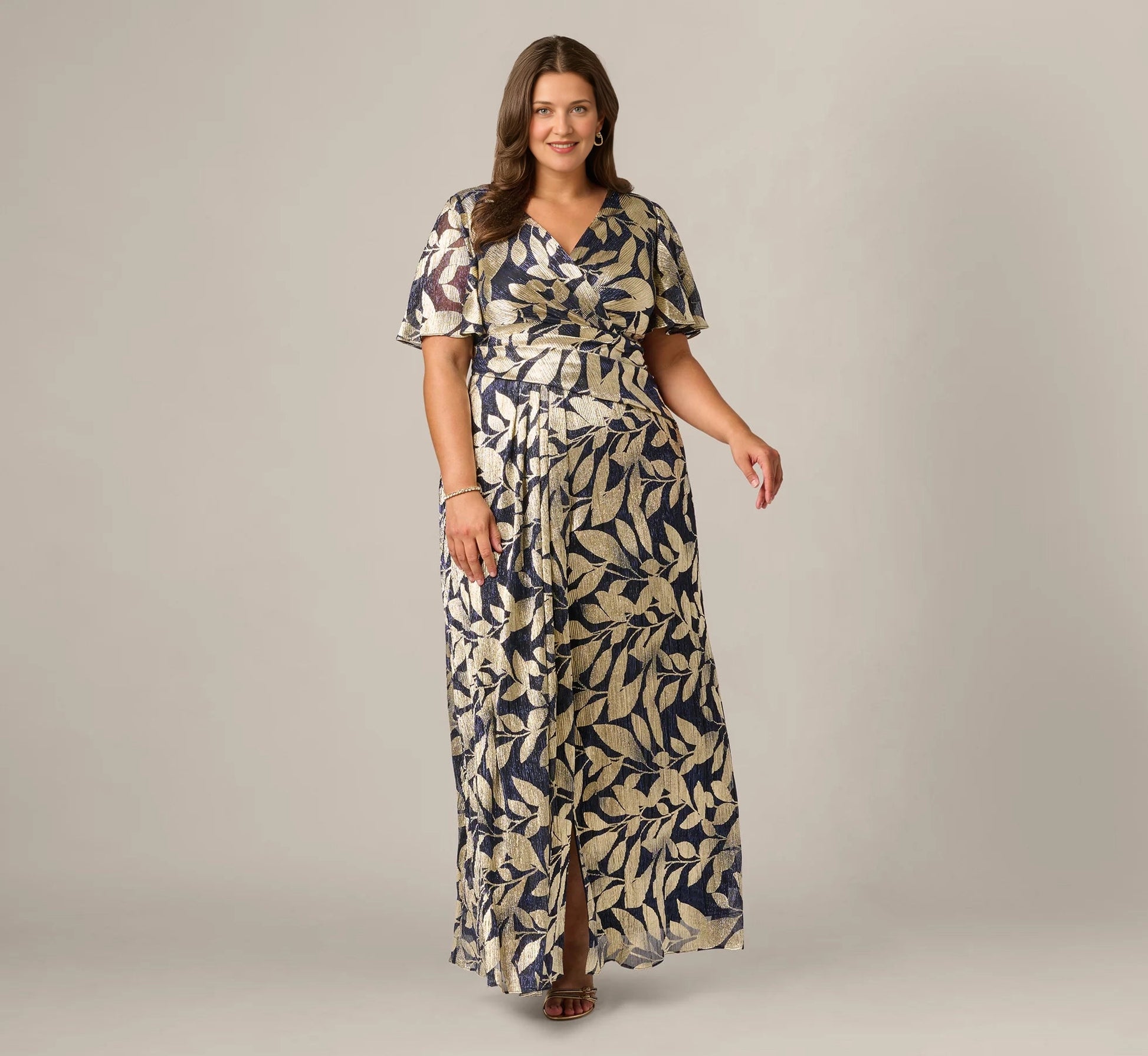 roselledress navy gold leaf foil print plus size wrap mother of the bride dresses front view v neck flutter sleeve floor length chiffon maxi gown
