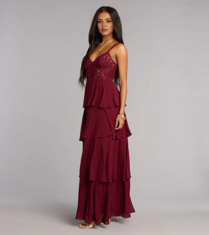 Roselledress Flowy Tiered V-Neck Spaghetti Lace-Up-Back Maxi Plus Size Prom Dress