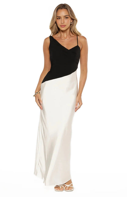 RoselleDress Black White Colorblock Asymmetrical V Neck prom Dress
