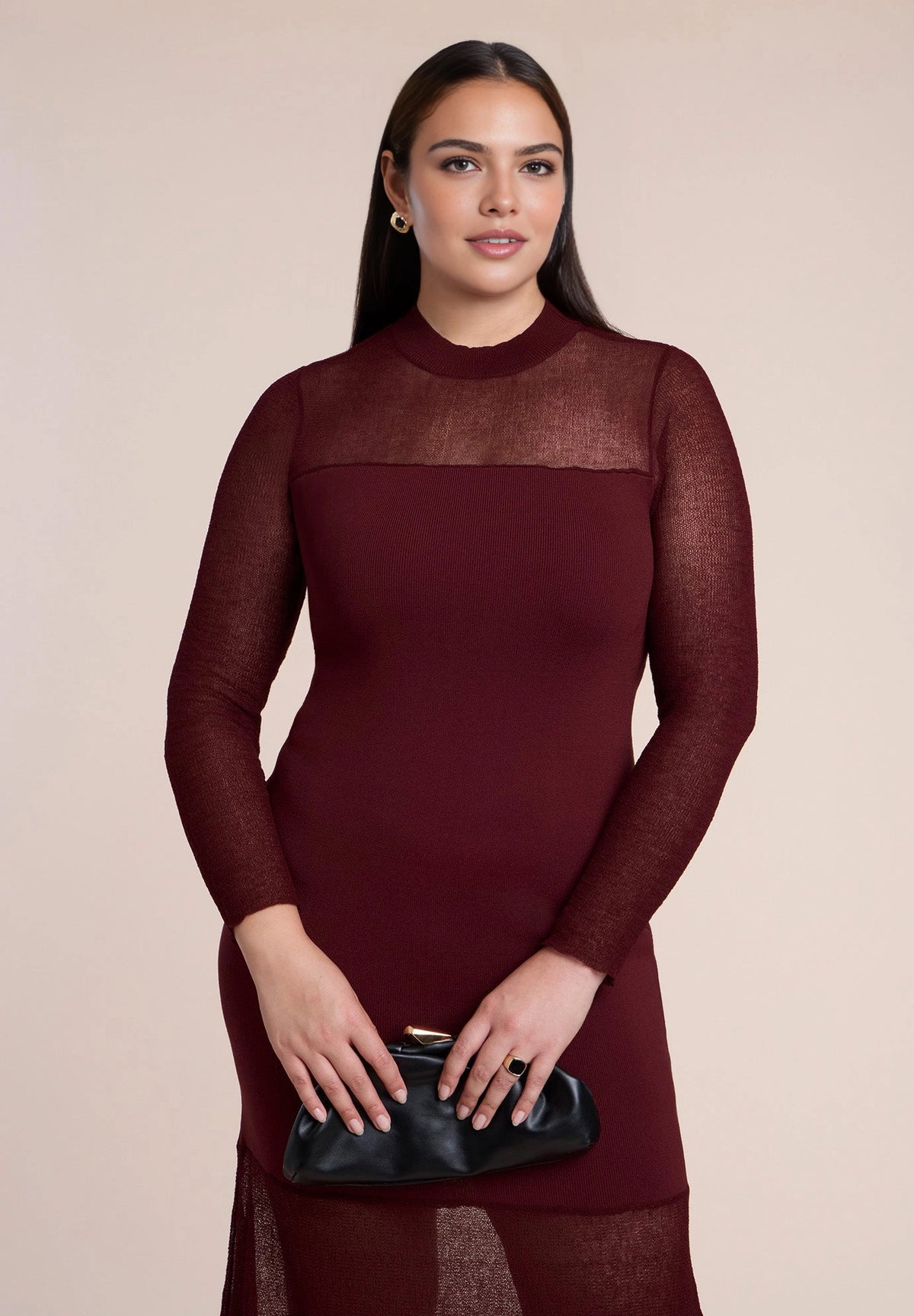 Roselledress Elegant Mermaid Mock Neck Mesh‑Panel Long‑Sleeve Maxi Plus Size Wedding Guest Dress