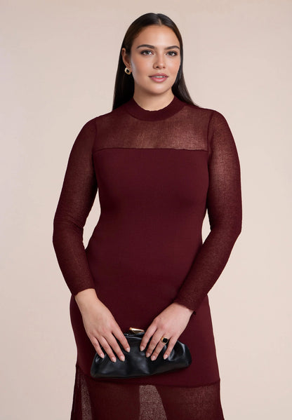 Roselledress Elegant Mermaid Mock Neck Mesh‑Panel Long‑Sleeve Maxi Plus Size Wedding Guest Dress