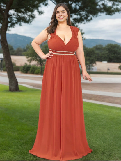 roselledress terracotta chiffon plus size bridesmaid dress deep v cap sleeve rhinestone waist outdoor lawn wedding gown