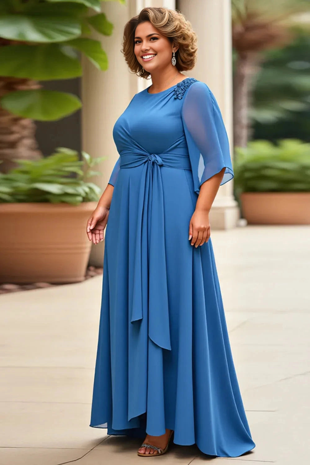 Elegant A‑Line Round‑Neck 3/4‑Sleeve Zip‑Back Floor‑Length Plus Size Mother Of The Bride Dress