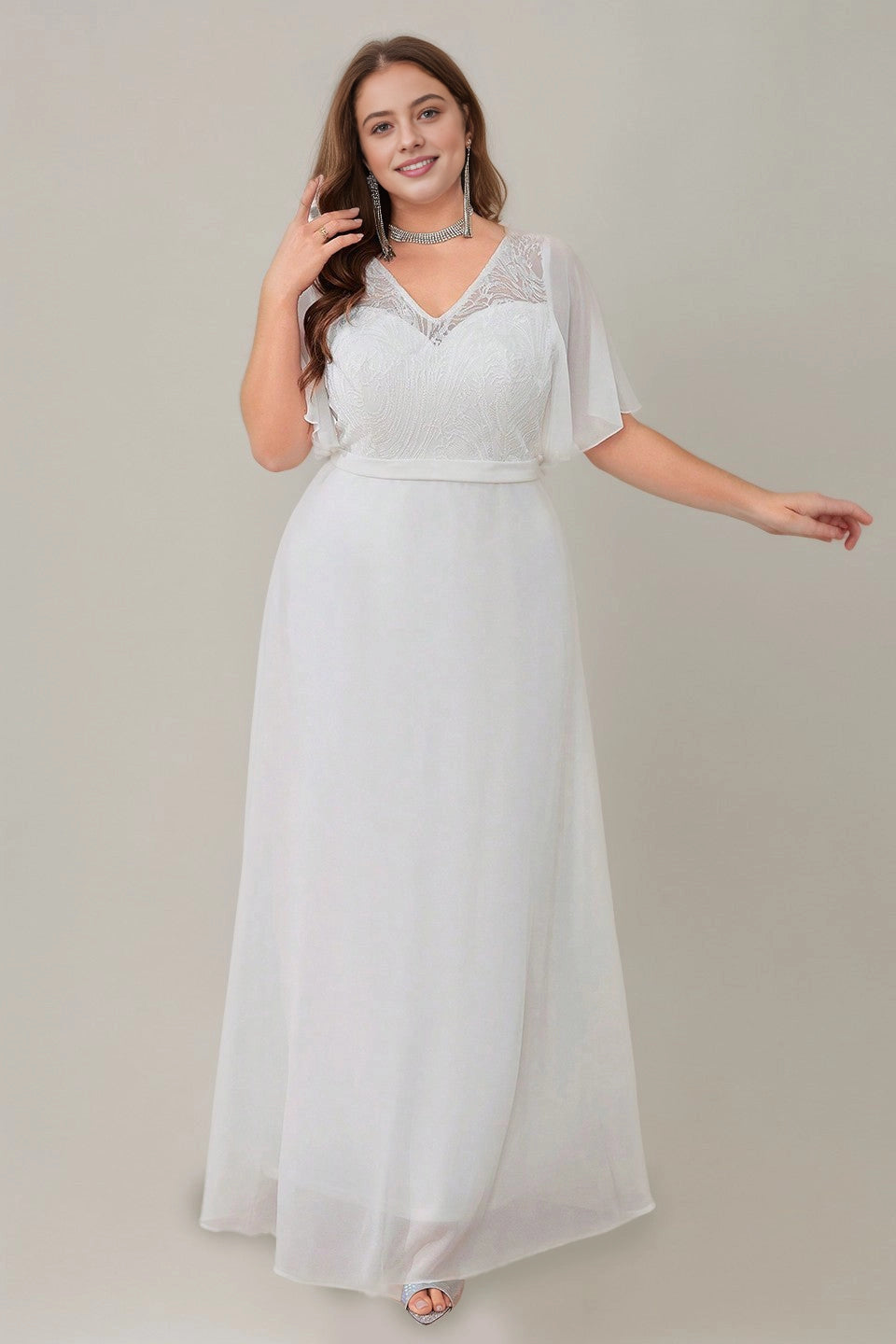 roselledress white plus size a line wedding dress v neck flutter sleeve lace chiffon long bridal gown