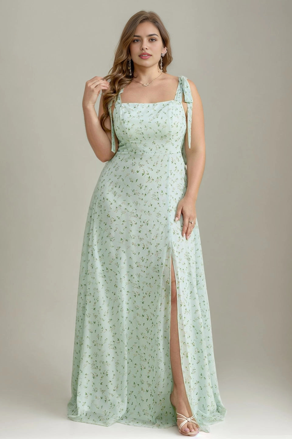 Mint Plus Size A-Line Square Neck Strap Straight Back Long Prom Dress