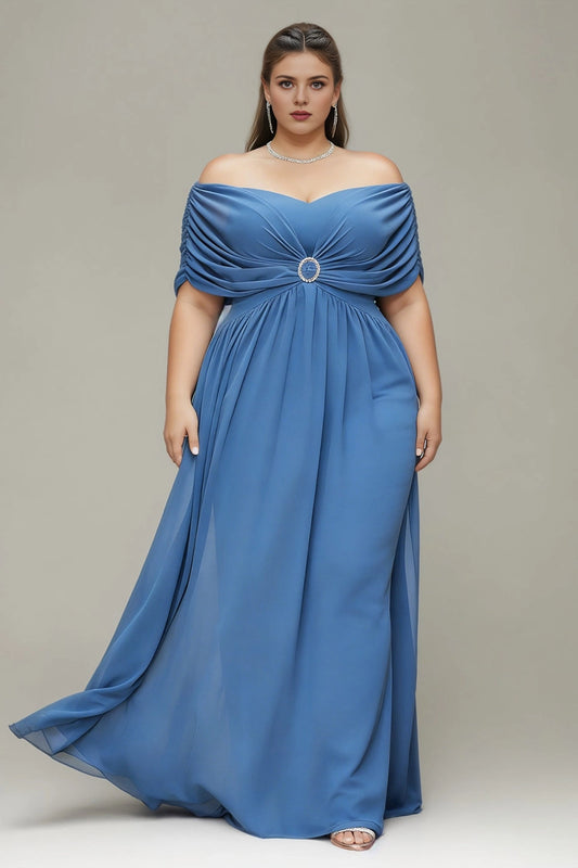 Roselledress Lapis Blue plus size prom dress off‑the‑shoulder draped sleeve chiffon formal evening gown with rhinestone accent
