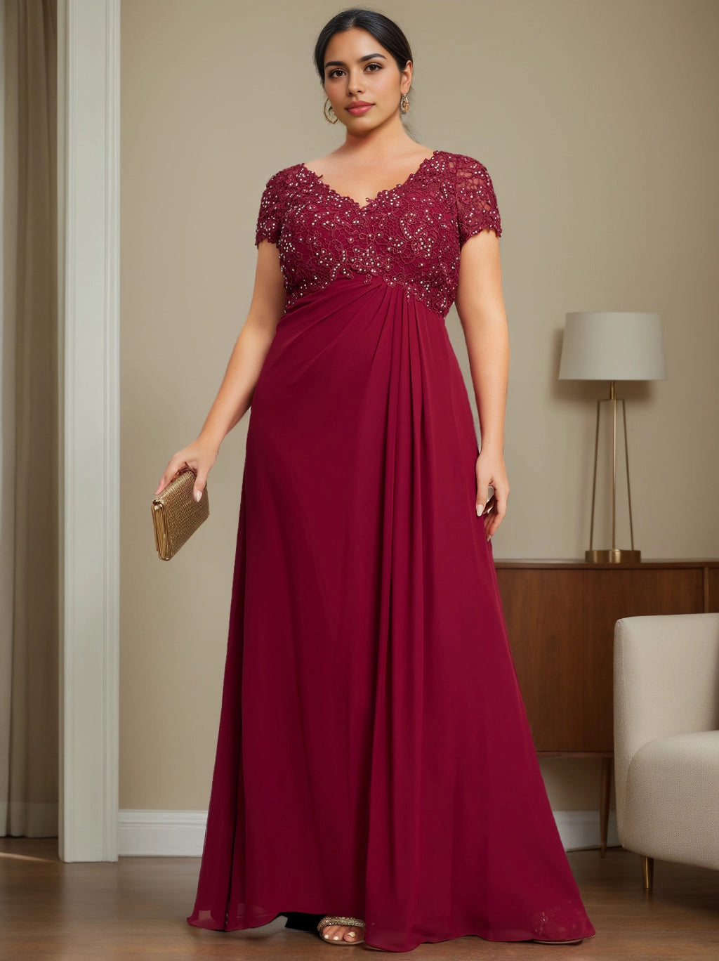 roselledress burgundy plus size mother of the bride dress v‑neck short sleeve beaded lace bodice chiffon floor‑length formal gown